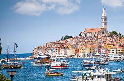 Panoramic view on old town Rovinj from harbor. Istria peninsula, Croatia